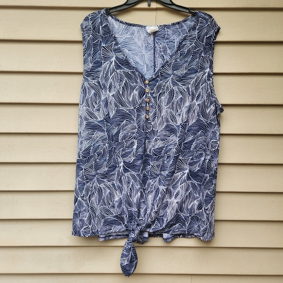 Naif Plus Blouse Blue Print V-Neck Sleeveless Knot Hem Stretchy - Picture 2 of 10